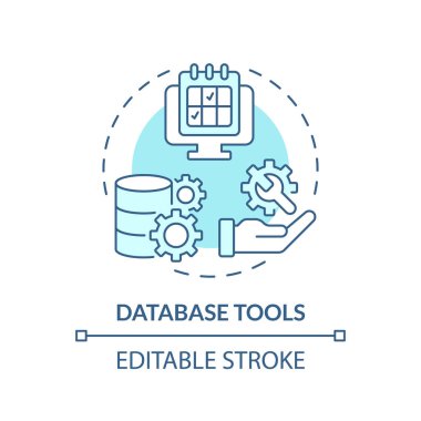 Veritabanı araçları turkuaz konsept simgesi. Büyük veri. Bilgi depolama. Takvim çizelgesi. Yönetim yazılımı fikri soyut ince çizgi çizimi. İzole bir taslak çizim. Düzenlenebilir vuruş