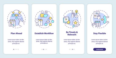 Sosyal medya takvimi mobil uygulama ekranında ipuçları veriyor. Doğrusal kavramlarla düzenlenebilir grafik yönergelerini dört adımda gözden geçir. UI, UX, GUI şablonu. Kullanılan sayısız Pro-Kalın, Düzenli yazı tipleri