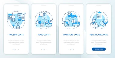 Mobil uygulama ekranında canlı mavinin maliyeti. Kişisel finansman, doğrusal kavramlarla düzenlenebilir grafik talimatlarını dört adımda gözden geçirir. UI, UX, GUI şablonu. Kullanılan sayısız Pro-Kalın, Düzenli yazı tipleri