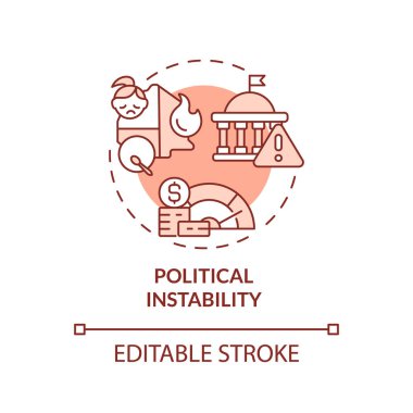 Siyasi istikrarsızlık kırmızı konsept ikonu. İlçe yönetimi. Ekonomik kriz. Küresel değişim. Çatışma bölgesi. Sosyal huzursuzluk soyut fikir ince çizgi çizimi. İzole bir taslak çizim. Düzenlenebilir vuruş