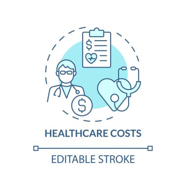 Sağlık hizmetlerinin maliyeti turkuaz konsept ikonu. Tıbbi bakım. Sağlık sigortası. İlaç reçetesi. Standart yaşayan soyut fikir ince çizgi çizimi. İzole bir taslak çizim. Düzenlenebilir vuruş