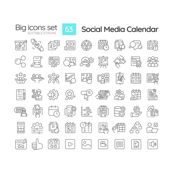 stock vector Social media calendar linear icons set. Marketing activity. Community management. Digital content. Schedule plan. Customizable thin line symbols. Isolated vector outline illustrations. Editable stroke