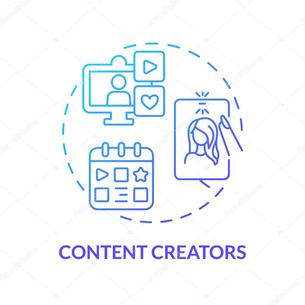 Content creators blue gradient concept icon. Internet blog. Influencer marketing. Social media. Editorial calendar. Publish online abstract idea thin line illustration. Isolated outline drawing