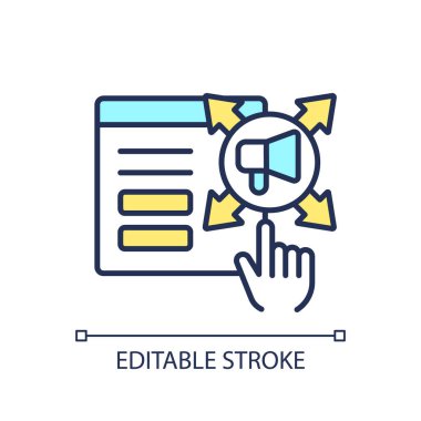 Dijital reklam RGB renk simgesi. İçerik pazarlaması. Sosyal medya. Seo optimizasyonu. Çevrimiçi terfi. Haber sitesi. İzole vektör çizimi. Basit bir çizgi çizimi. Düzenlenebilir vuruş