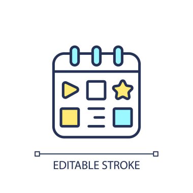 İçerik takvimi RGB renk simgesi. Sosyal medya. Program planlayıcısı. Dijital pazarlama. İlerisi için plan. İçerik oluşturma. İzole vektör çizimi. Basit bir çizgi çizimi. Düzenlenebilir vuruş