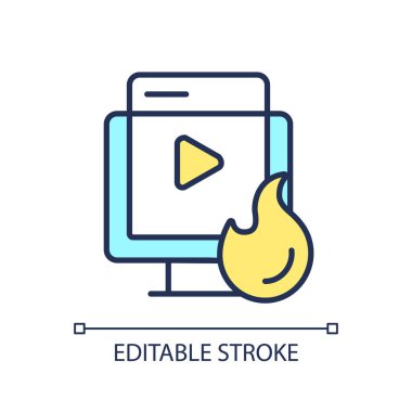 Viral video RGB renk simgesi. Önemli bir konu. Çok popüler. Sosyal medya. Dijital pazarlama. Çevrim içi platform. İçerik stratejisi. İzole vektör çizimi. Basit bir çizgi çizimi. Düzenlenebilir vuruş