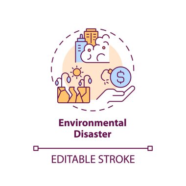 Çevresel afet konsepti ikonu. İklim değişikliği. Olumsuz etki. Para kaybı. Sigorta masrafı. Çevresel hasar soyut fikir ince çizgi çizimi. İzole bir taslak çizim. Düzenlenebilir vuruş