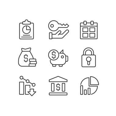 Corporate management pixel perfect linear icons set. Finance and banking. Company security. Analytics. Customizable thin line symbols. Isolated vector outline illustrations. Editable stroke