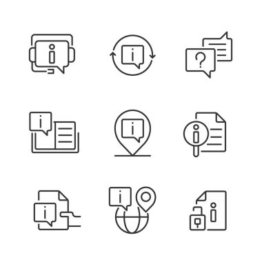 Sıklıkla sorulan sorular piksel mükemmel doğrusal simgeler kümesi. Web sitesi kullanıcıları için bilgi desteği. Özelleştirilebilir ince çizgi sembolleri. İzole vektör çizimi çizimleri. Düzenlenebilir vuruş