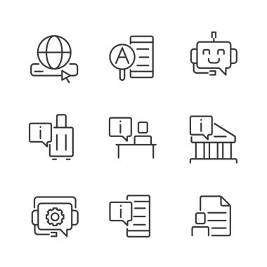 Teknik destek pikseli mükemmel doğrusal simgeler ayarlandı. Müşteri sorularına cevap. Bilgiye erişim. Özelleştirilebilir ince çizgi sembolleri. İzole vektör çizimi çizimleri. Düzenlenebilir vuruş