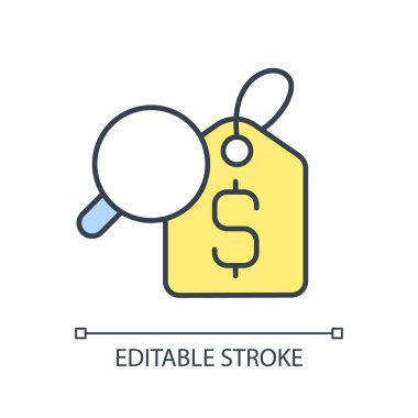 Fiyat karşılaştırma RGB renk simgesi. Maliyet değerlendirmesi. Tasarruf. Tüketici hakkı. İndirim etiketi. Pazarlama stratejisi. İzole vektör çizimi. Basit bir çizgi çizimi. Düzenlenebilir vuruş