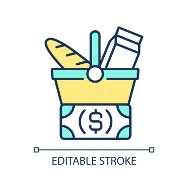 Gıda fiyatları RGB renk simgesi. Market alışverişi. Yaşamanın bedeli. Ev bütçesi. Yemek planlama. Aile finansmanı. İzole vektör çizimi. Basit bir çizgi çizimi. Düzenlenebilir vuruş