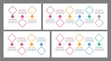 Renkli geometrik çizelge tasarım şablonu seti. Rhombuslar. Kopyalama alanı olan soyut bilgi haritası kiti. Bağlı adımları ve seçenekleri olan öğretici grafikler. Görsel veri sunumu