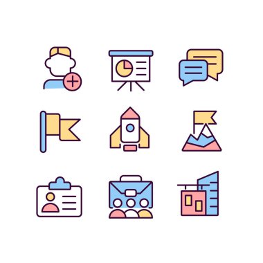 Career goals pixel perfect RGB color icons set. Employee training. Personnel. Office building. Human resources. Isolated vector illustrations. Simple filled line drawings collection. Editable stroke