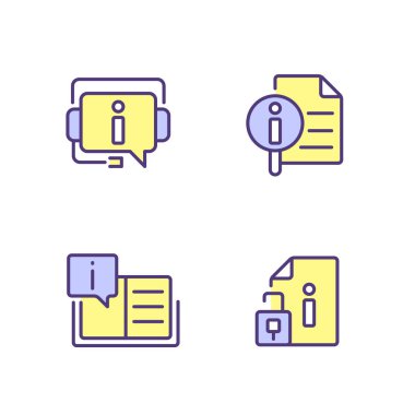 İstemci bilgi desteği piksel mükemmel RGB renk simgeleri ayarlandı. Tipik cevapların listesini aç. Dijital teknoloji. İzole vektör çizimleri. Basit çizgi çizimleri koleksiyonu. Düzenlenebilir vuruş