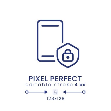 Mobil cihaz güvenliği doğrusal masaüstü simgesi. Akıllı telefon mahremiyeti. Dijital güvenlik. Piksel mükemmel 128x128, dış hat 4px. GUI, UX tasarımı. Web sitesi için izole edilmiş kullanıcı arayüzü ögesi. Düzenlenebilir vuruş
