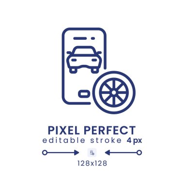 Otomotiv uygulaması doğrusal masaüstü simgesi. Araba servisi. Araç bakımı. Otomobil satıcısı. Piksel mükemmel 128x128, dış hat 4px. GUI, UX tasarımı. Web sitesi için izole edilmiş kullanıcı arayüzü ögesi. Düzenlenebilir vuruş