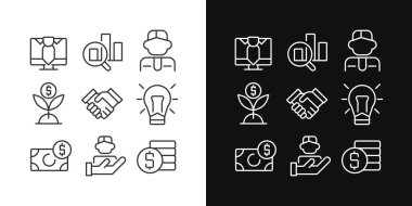 İş ve istihdam pikseli. Karanlık, aydınlık mod için mükemmel doğrusal simgeler. İnsan kaynakları bağlanıyor. Şirket kârı. Gece ve gündüz teması için ince çizgi sembolleri. İzole çizimler. Düzenlenebilir vuruş