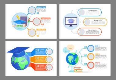 Eğitim kaynaklarına dünya çapında erişim Infographic grafik tasarım şablonu seti. Kopyalama alanı olan soyut bilgi haritası kiti. Üç adımlı grafikler. Görsel veri sunumu