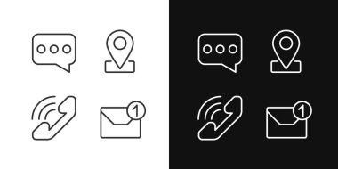 İletişim kanalları piksel olarak mükemmel doğrusal simgeler karanlık, aydınlık mod için ayarlanır. Müşteri hizmetleri. İş geliştirme. Gece ve gündüz teması için ince çizgi sembolleri. İzole çizimler. Düzenlenebilir vuruş