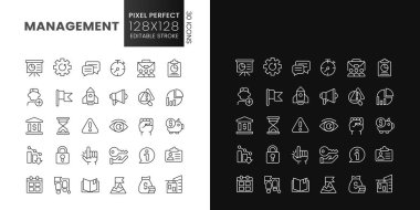 Management pixel perfect linear icons set for dark, light mode. Business and work. Employees. Thin line symbols for night, day theme. Isolated illustrations. Editable stroke. Poppins font used