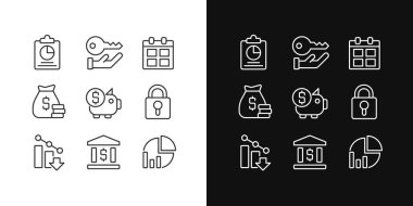 Corporate management pixel perfect linear icons set for dark, light mode. Finance and banking. Company security. Thin line symbols for night, day theme. Isolated illustrations. Editable stroke