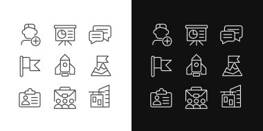 Career goals pixel perfect linear icons set for dark, light mode. Employee training. Personnel. Human resources. Thin line symbols for night, day theme. Isolated illustrations. Editable stroke
