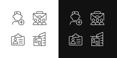 Employment pixel perfect linear icons set for dark, light mode. Company personnel. Hiring employee. Workplace. Thin line symbols for night, day theme. Isolated illustrations. Editable stroke