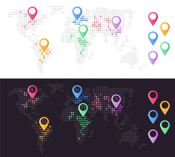 Carte Monde Avec Des Broches Localisation Lumière Sombre Thème Infographie — Image vectorielle