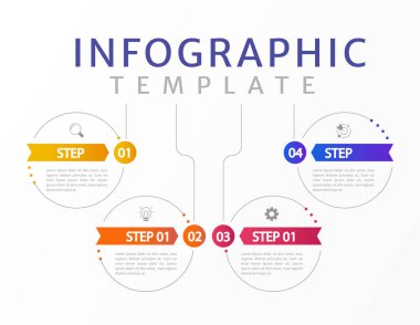 Şirket bilgi tablosu tasarım şablonu. Düzenlenebilir hatlara sahip soyut bilgi tablosu. 4 aşamalı eğitici grafikler. Görsel veri sunumu. Kullanılan Merriweather Sans yazı tipi