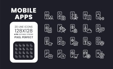 Mobil uygulamalar siyah üzerine beyaz doğrusal masaüstü simgeleri. Yazılım geliştirme. Sosyal medya pazarlaması. Piksel mükemmel 128x128, dış hat 4px. Karanlık mod için izole edilmiş arayüz sembolleri paketleniyor. Düzenlenebilir vuruş