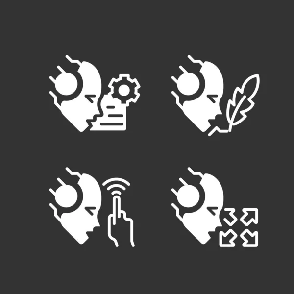 Artificial Intelligence Capabilities White Linear Glyph Icons Set Night Mode — Image vectorielle