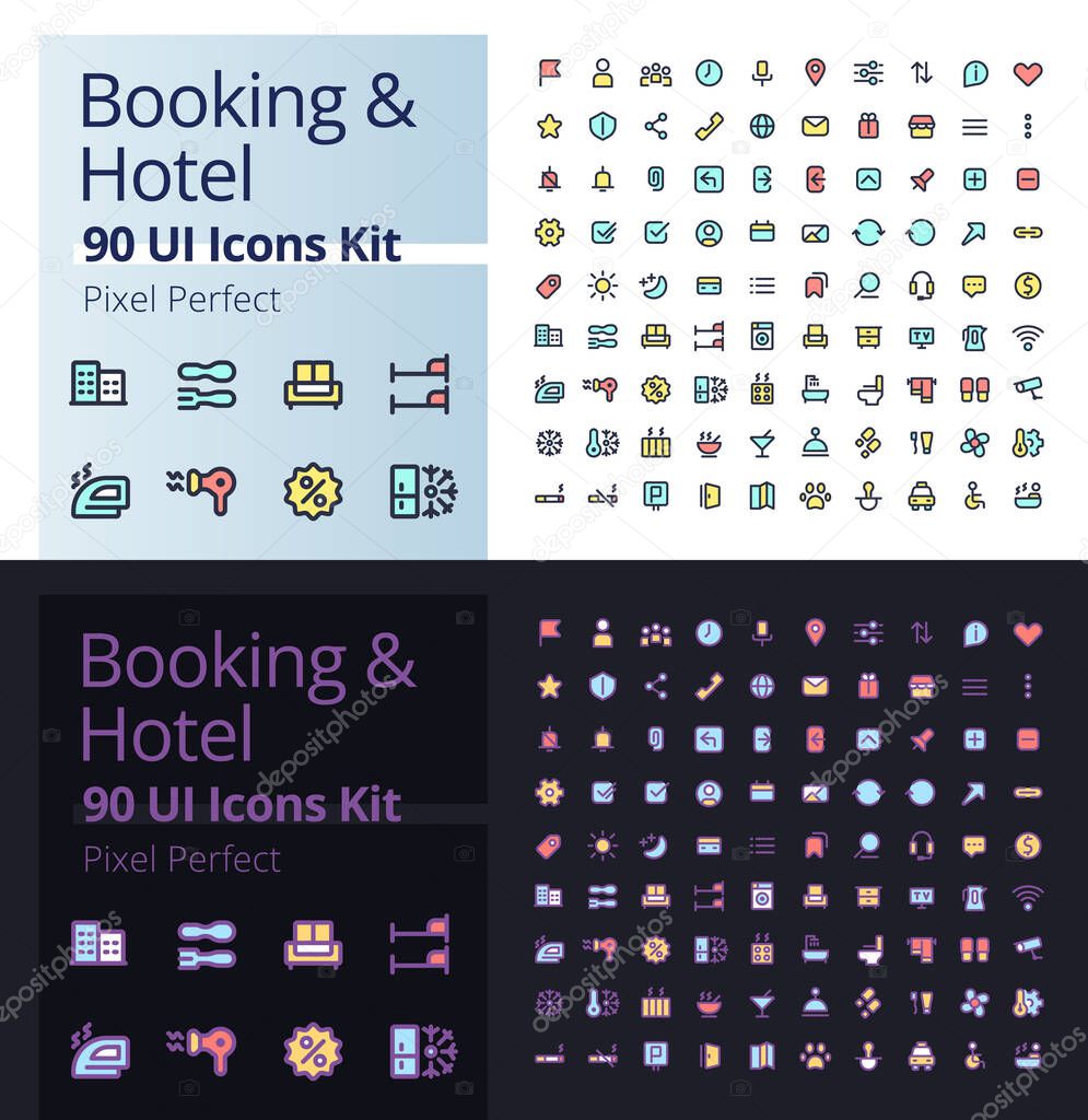 Booking and hotel pixel perfect RGB color ui icons kit for dark, light mode. Accommodation for tourists. GUI, UX design for mobile app. Vector isolated pictograms. Editable stroke. Poppins font used