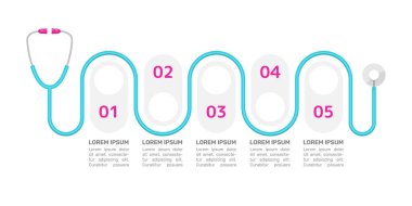 Sağlık terapisi bilgi tablosu tasarım şablonu. Tıbbi teşhis. Boş kopya boşluklu soyut vektör bilgi tablosu. Beş adımlı eğitici grafikler. Görsel veri sunumu
