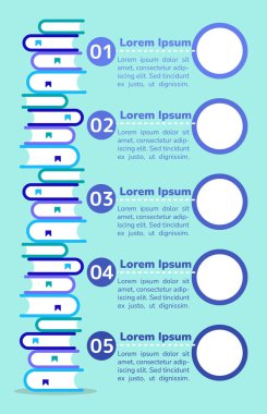 Yetişkin eğitimi mavi bilgi grafiği tasarım şablonu. Öğrenme sınıfı. Boş kopya boşluklu soyut vektör bilgi tablosu. Beş adımlı eğitici grafikler. Görsel veri sunumu