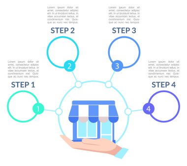 Kiralık iş bilgileri grafik tasarım şablonu. Dükkanımızı kirala. Boş kopya boşluklu soyut vektör bilgi tablosu. 4 aşamalı eğitici grafikler. Görsel veri sunumu