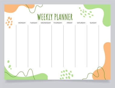 Haftalık planlama çizelgesi tasarım şablonu. Boş yazdırılabilir hedef ayarlama tablosu. Zaman yönetimi örneği. Kişisel görevleri düzenlemek için takvim sayfası. Amatic SC Kalın, Oxygen Düzenli yazı tipleri