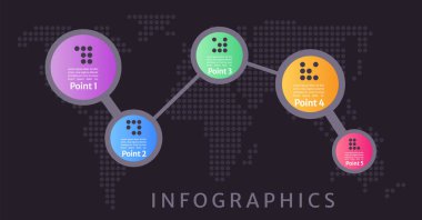 Geographic dark theme world map infographic chart design template. Editable abstract infochart. Instructional graphics with 5 point sequence. Visual data presentation. Merriweather Sans font used