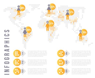 Demographic analysis world map infographic chart design template. Editable infochart. Instructional graphics with 5 point sequence. Visual data presentation. Merriweather Sans font used