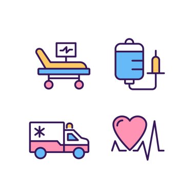 Acil durum prosedürleri piksel mükemmel RGB renk simgeleri ayarlandı. Yoğun bakım. Kardiyak resüsitasyon. Sağlık hizmetleri. İzole vektör çizimleri. Basit çizgi çizimleri koleksiyonu. Düzenlenebilir vuruş
