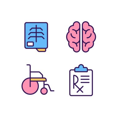 Tedavi pikseli mükemmel RGB renk simgeleri seti. Tıbbi kontrol ve testler. İyileşme kliniği. Sağlık hizmetleri. İzole vektör çizimleri. Basit çizgi çizimleri koleksiyonu. Düzenlenebilir vuruş