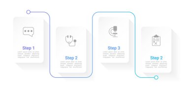 Doktor danışma bilgi grafiği tasarım şablonu. Simgeli düzenlenebilir bilgi tablosu. 4 aşamalı eğitici grafikler. Görsel veri sunumu. Arial Normal, Kalın yazı tipleri kullanıldı