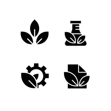 Çevre dostu endüstri, beyaz uzaya kurulmuş siyah kabartma sembolleri. Doğa koruma. Yenilenebilir güç kaynakları. Siluet sembolleri. Sağlam bir piktogram paketi. Vektör izole illüstrasyonu