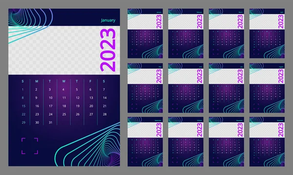 Virtual Reality Integration Wall Calendar Design Template 2023 Year Months — Stockvektor