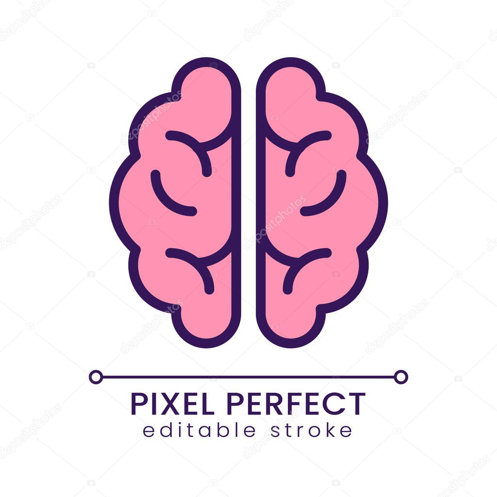 Human brain pixel perfect RGB color icon. Central nervous system. Memory and thinking control organ. Isolated vector illustration. Simple filled line drawing. Editable stroke. Poppins font used