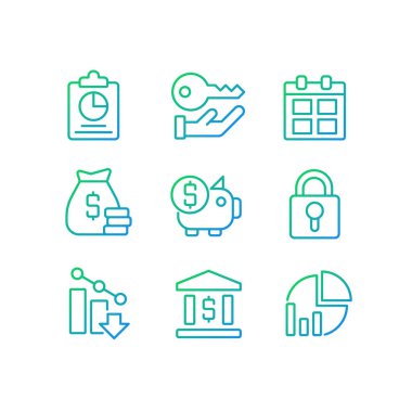 Corporate management pixel perfect gradient linear vector icons set. Finance and banking. Company security. Thin line contour symbol designs bundle. Isolated outline illustrations collection