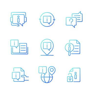 Sık sorulan sorular piksel mükemmel gradyan doğrusal vektör simgeleri ayarlandı. Web sitesi kullanıcıları için bilgi desteği. İnce çizgili sembol demetleri dizayn eder. İzole edilmiş taslak illüstrasyon koleksiyonu