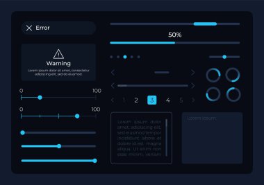 UI eleman kitini kontrol et. Yükleme işlemi. Düzenlenebilir izole vektör bileşenleri. Seyrüsefer. Mobil uygulama için web tasarım gereçleri, koyu temalı yazılım. Montserrat Işık, Orta, Kalın yazı tipleri