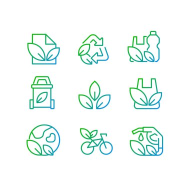 Geri dönüşüm materyalleri piksel mükemmel gradyan vektör simgeleri ayarlandı. Eski eşyaları tekrar kullan. Çevre dostu endüstri. İnce çizgili sembol demetleri dizayn eder. İzole edilmiş taslak illüstrasyon koleksiyonu