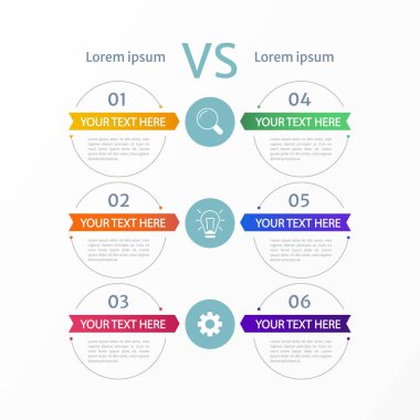 Karşılaştırma bilgi grafiği tasarım şablonu. Düzenlenebilir hatlara sahip soyut bilgi tablosu. Altı adımlı eğitici grafikler. Görsel veri sunumu. Kullanılan Merriweather Sans yazı tipi